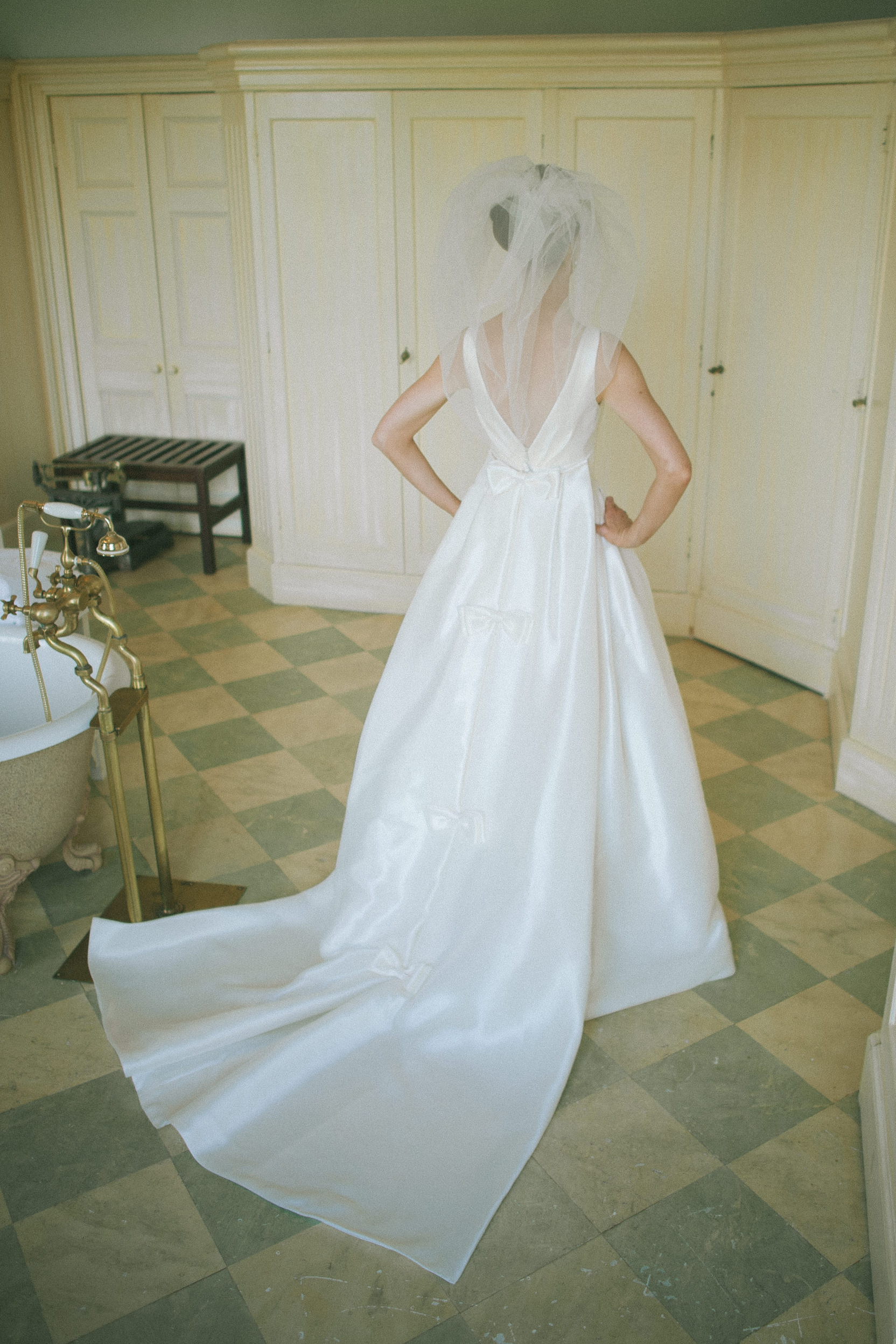 Bride in long white wedding dress inside Luttrelstown Castle